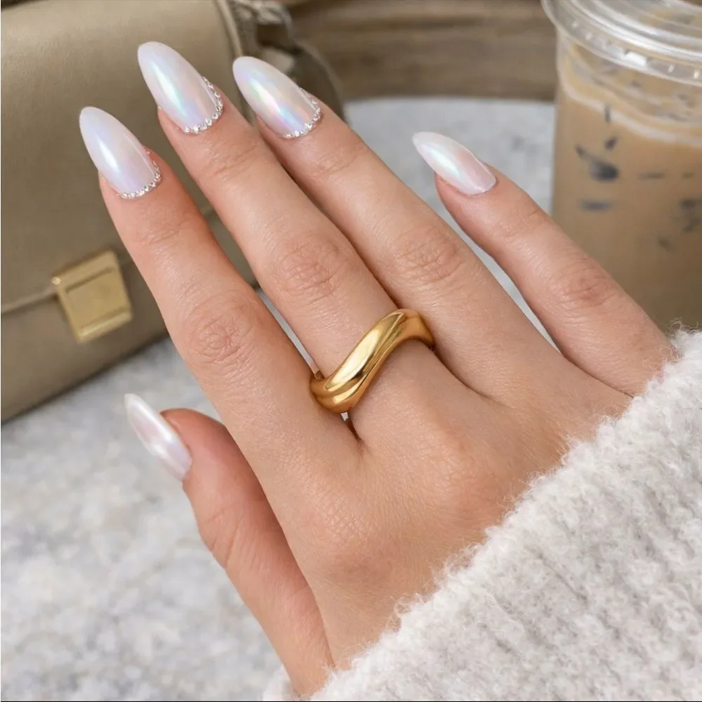 14K Gold Wave Band Ring 5MM Dainty Minimalist Statement Band Stackable Preppy
